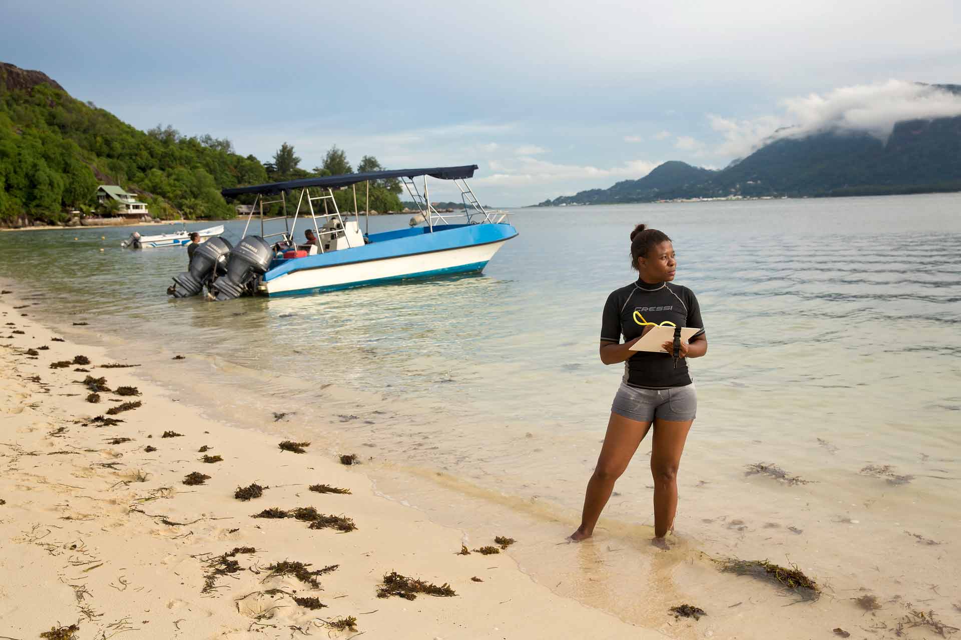 Sylvanna Antat, a Marine Research Officer in Seychelles, maps coral reefs - which help prevent coastal erosion.