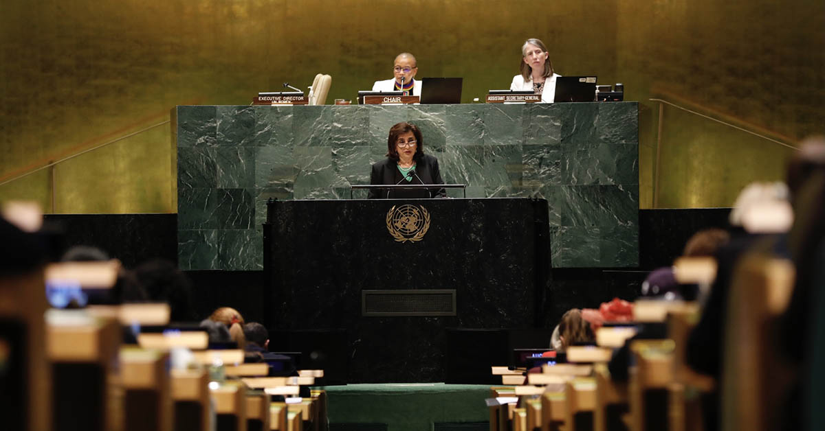 UN Women Executive Director Sima Bahous addresses the 66th session of the Commission of the Status of Women on 14 March, in New York. 