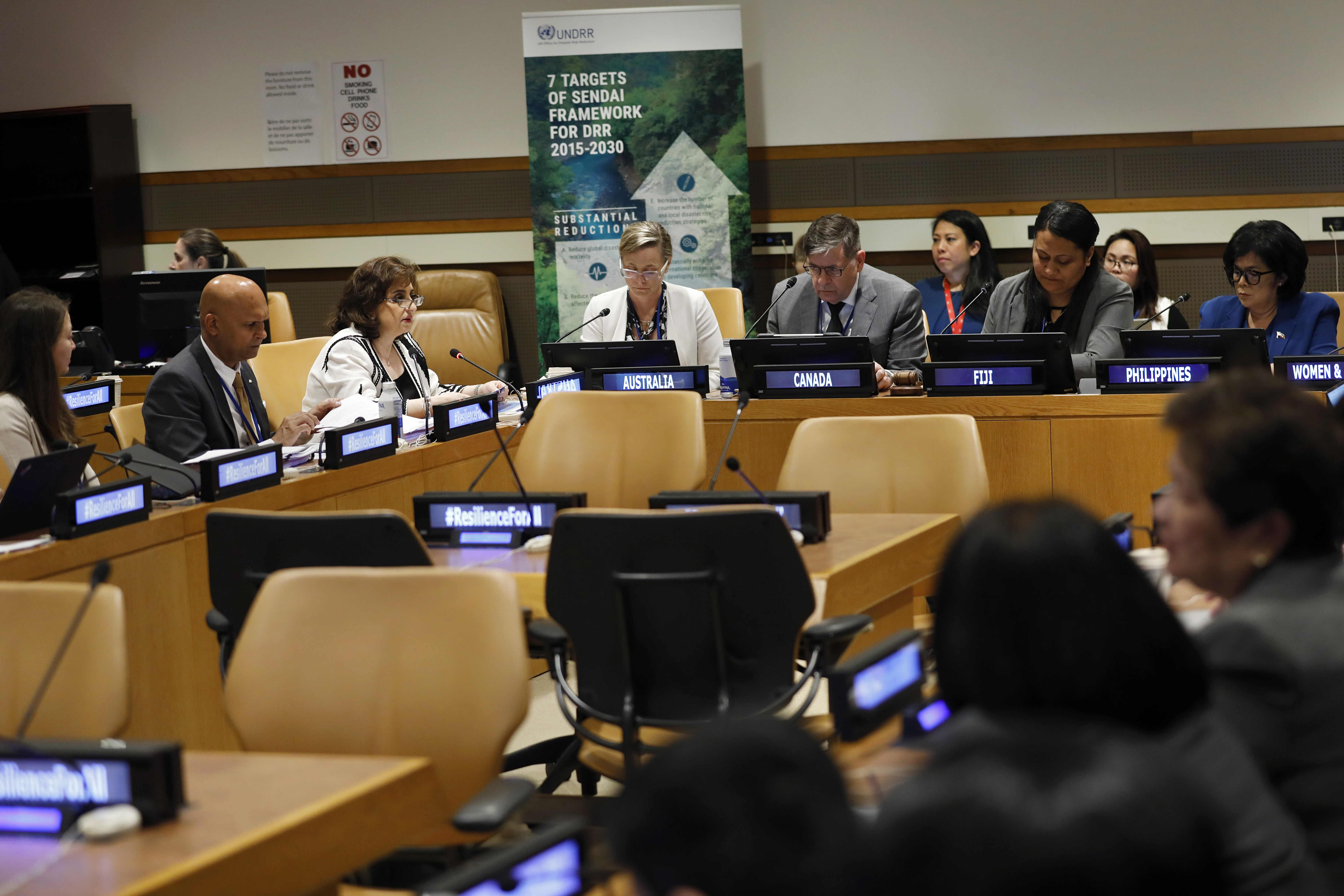 UN Women Executive Director Sima Bahous delivers remarks at the event, “Accelerating action for gender responsive disaster risk reduction”, held in Conference Room 6 at UN Headquarters on 17 May 2023. Organized by UNDRR, UNFPA, and UN Women, this event forms part of the Risk Reduction Hub events convened on the margins of the High-Level Meeting on the Midterm Review of the Sendai Framework. Photo: UN Women/Ryan Brown.