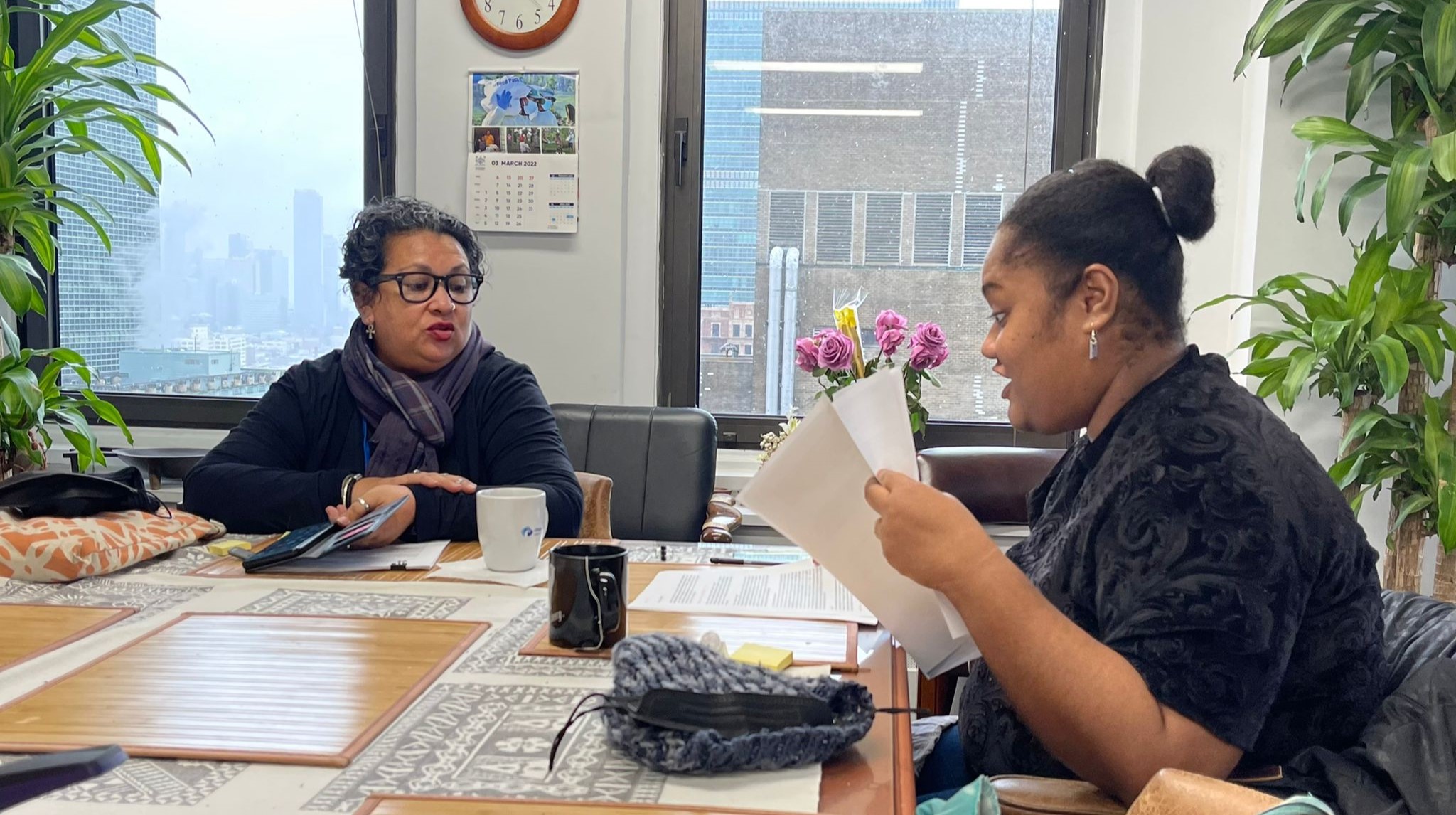 Ms Bhagwan Rolls and Ms Carolyn Kitione during a preparatory session during CSW66 at the Fiji mission, New York, USA, March 2022. Photo: StPC