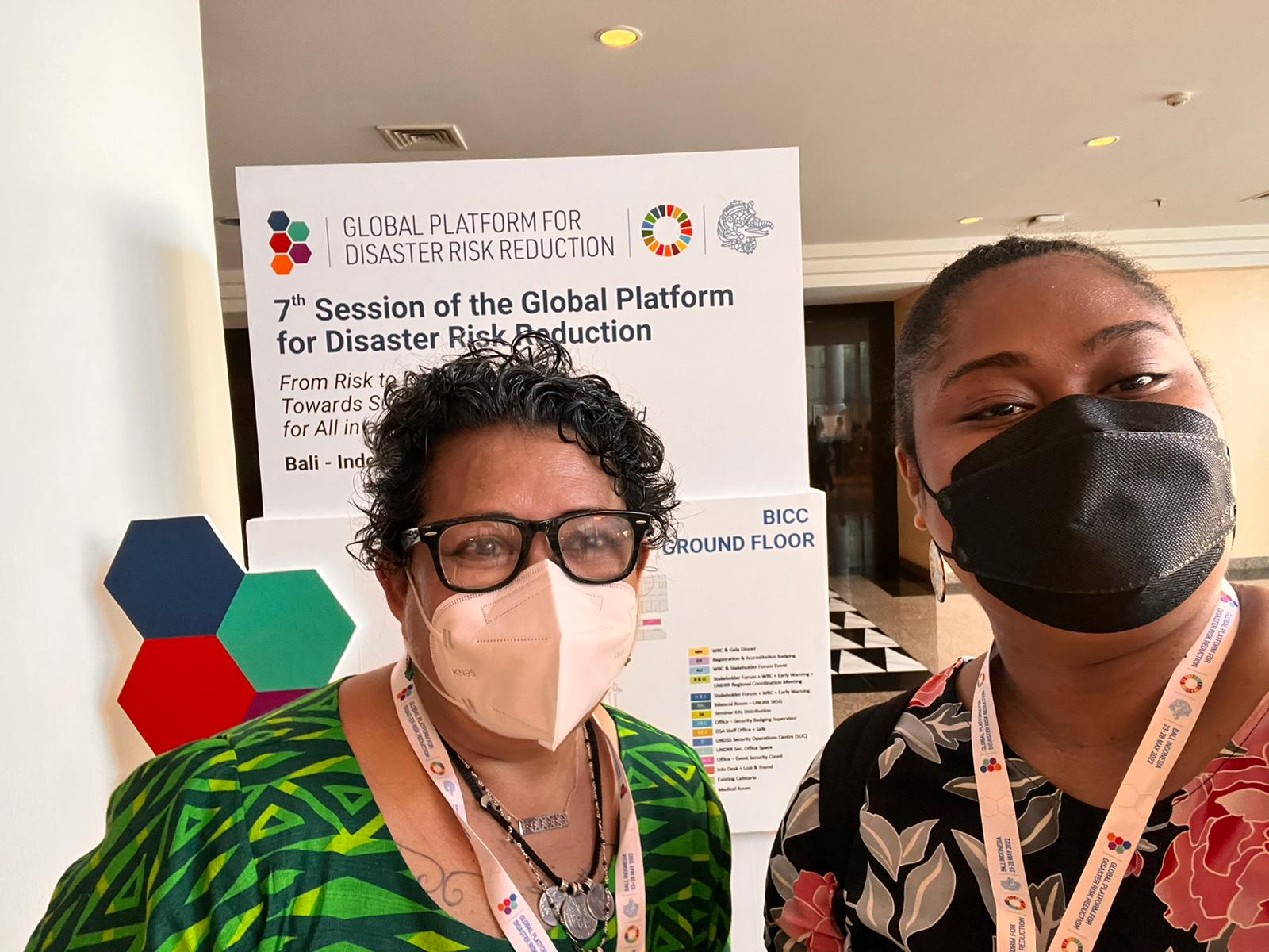 Ms Bhagwan Rolls and Ms Carolyn Kitione at the 7th Global Platform for DRR, Bali, Indonesia, May 2022. Photo: StPC.