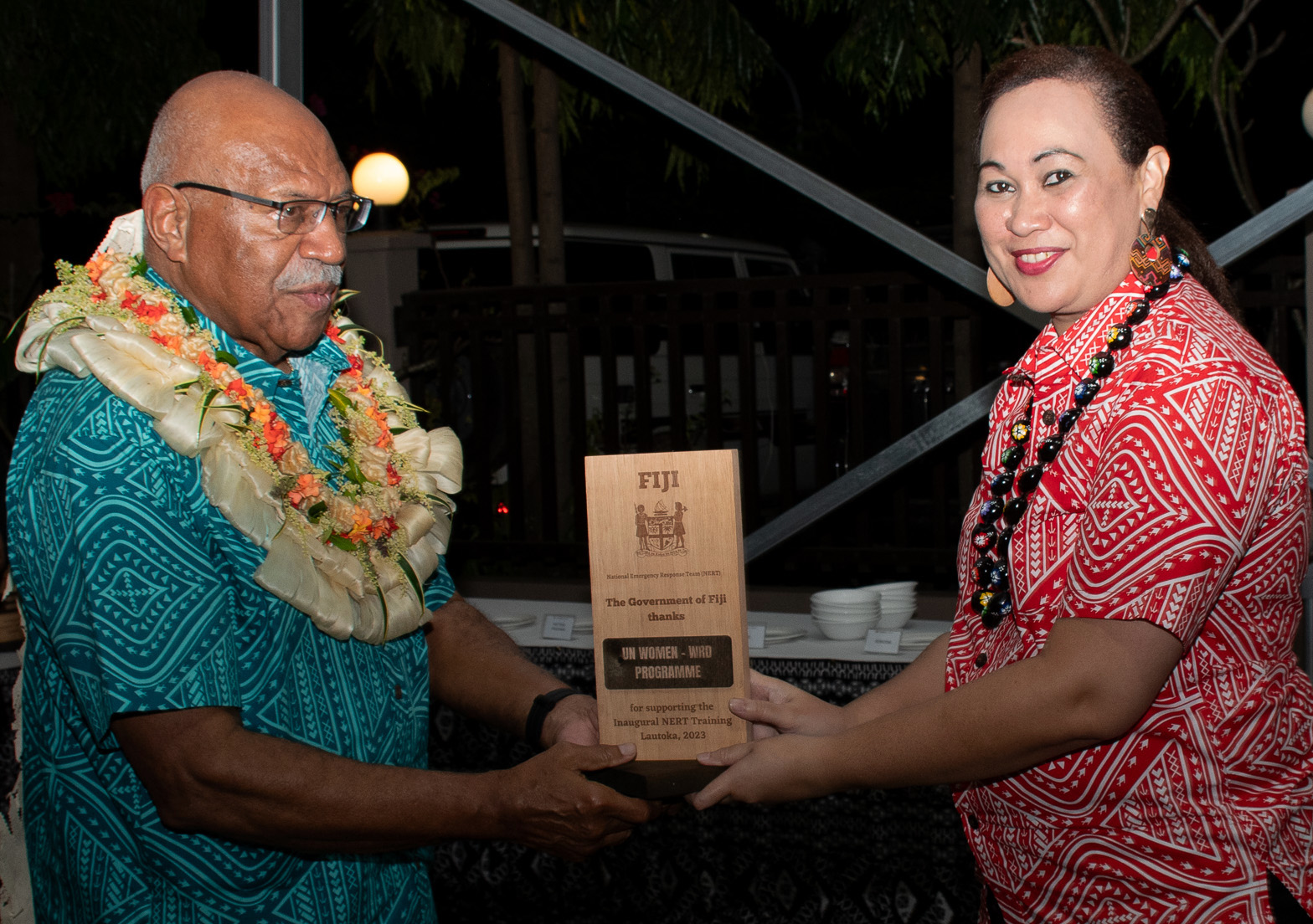 Prime Minister of Fiji, Hon Sitiveni Rabuka and Winnie Laava, Fiji WRD National Programme Coordinator